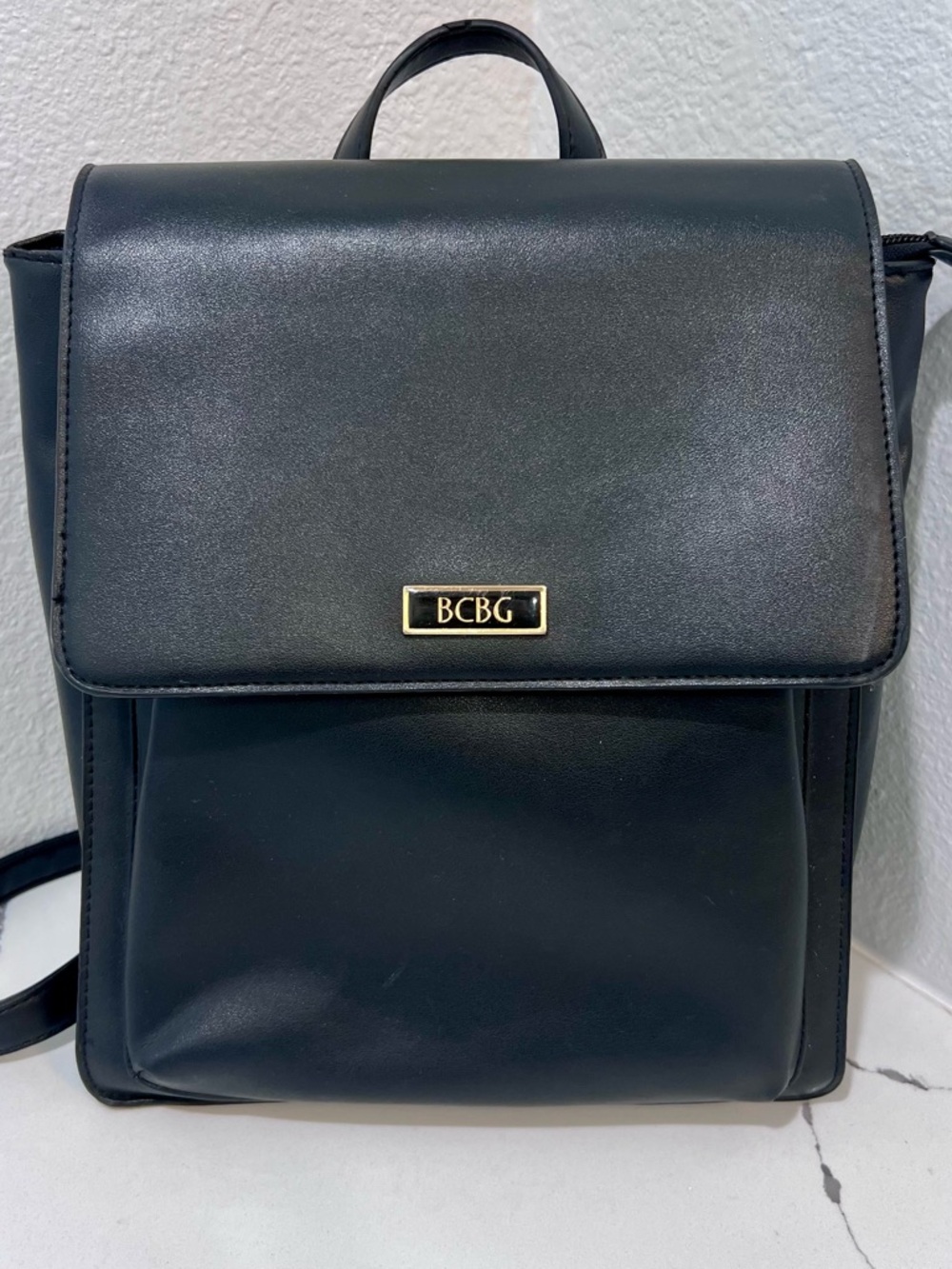 BCBG Faux Leather Convertible Black Backpack Crossbody Gold Hardware